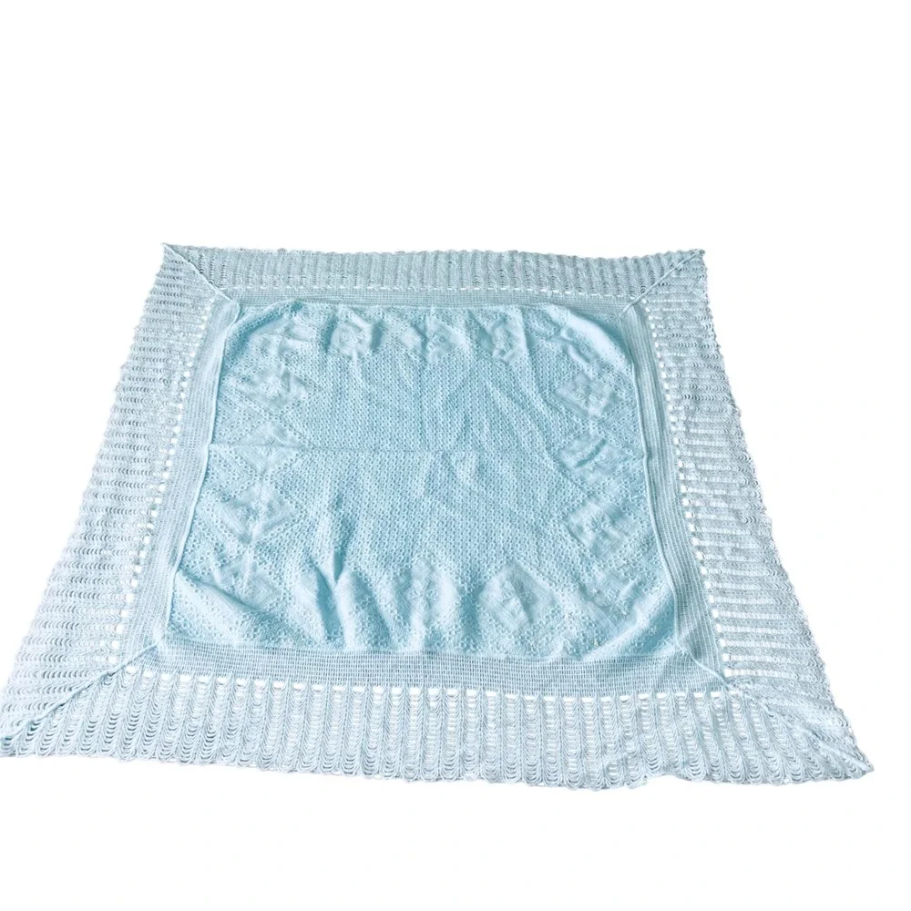 Vintage Cradle Knit Baby Blanket Blue Floral Embroidered Lace Trim Japan